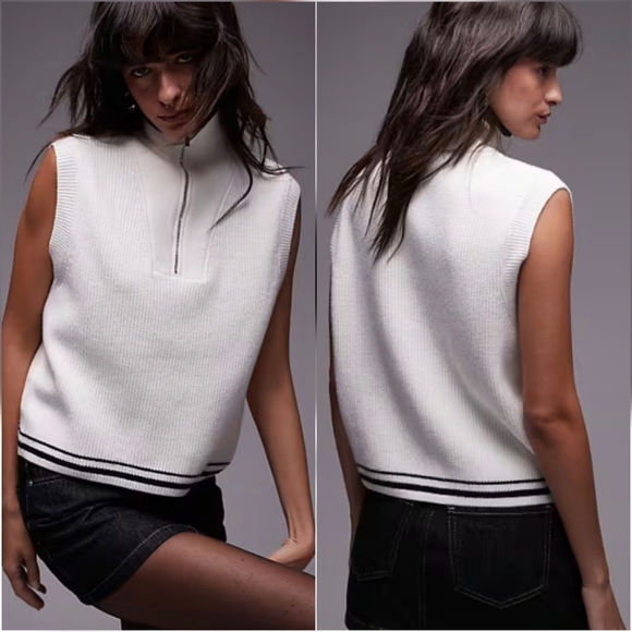 Mango Sweaters - Mango, MNG New, White Stripe Preppy 1/2 Zip Knitted Sweater Vest, Size XXL